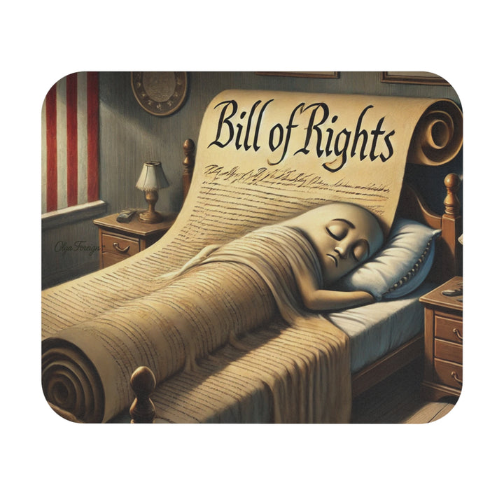 Illustration of a person sleeping under a rolled-up 'Bill of Rights' in a bedroom setting.