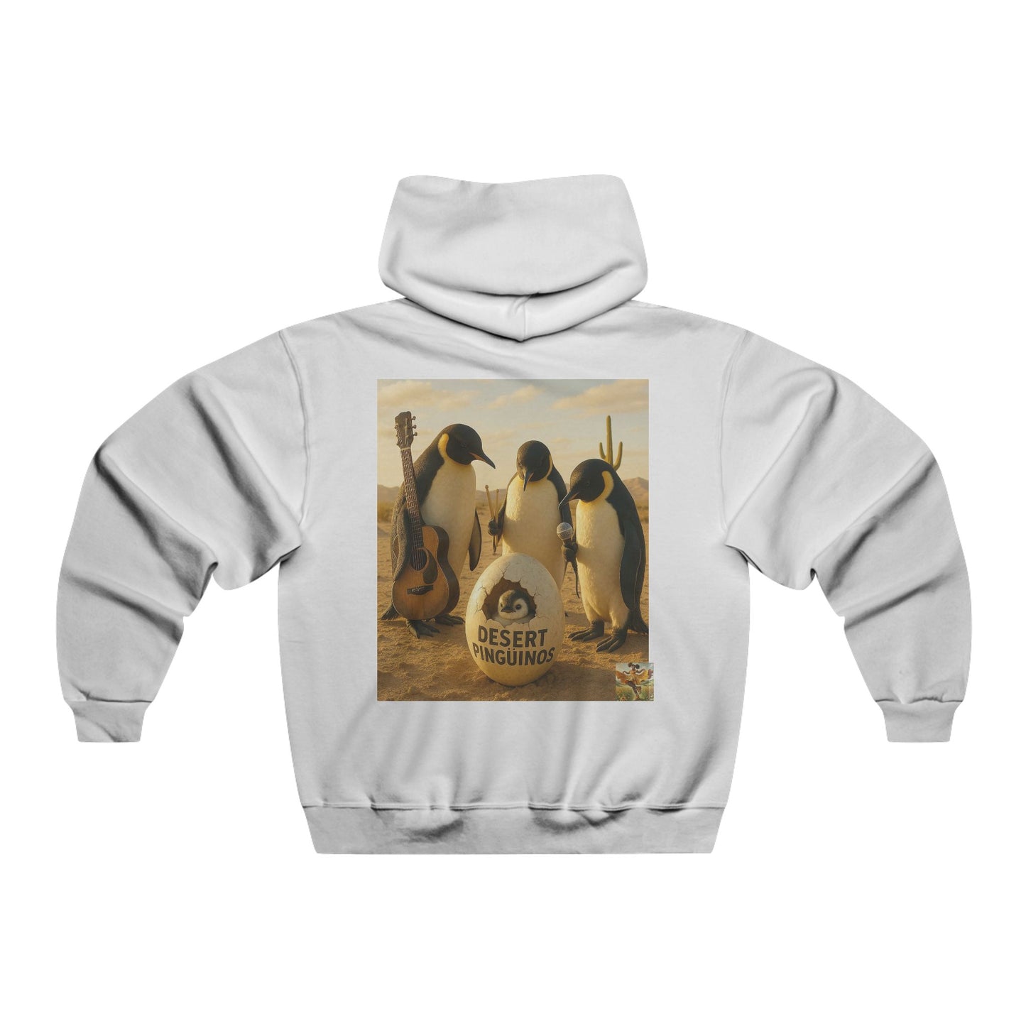 Desert Pinguinos Ride Again Graphic Hoodie by Olga Foreign Design| Unique Men Sweatshirt for Music Lovers. Three Penguins on a Black Horse Design