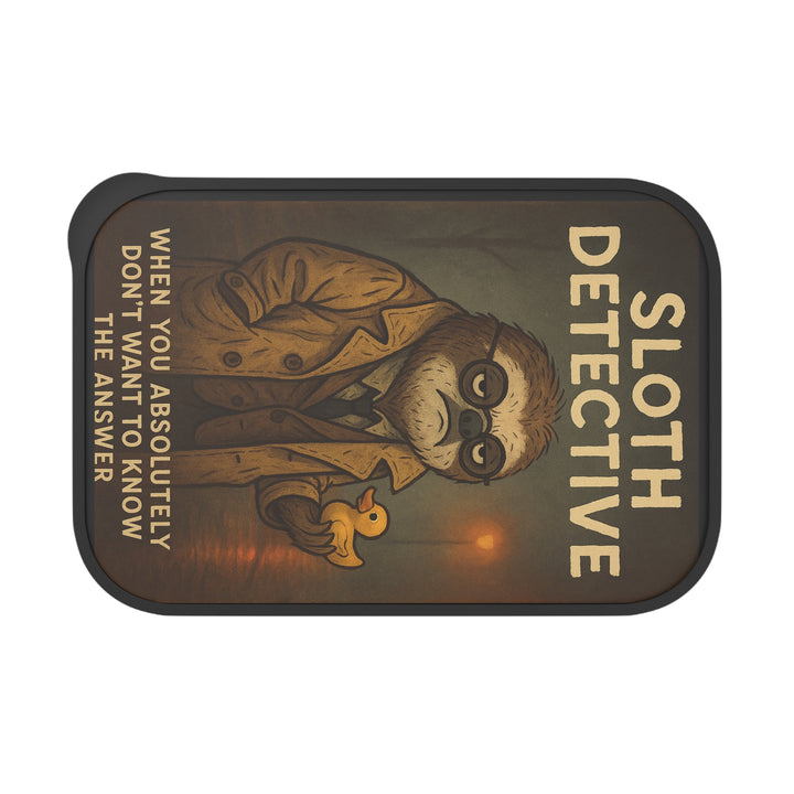 Sloth detective design on a rectangular lunch box brown background with text.