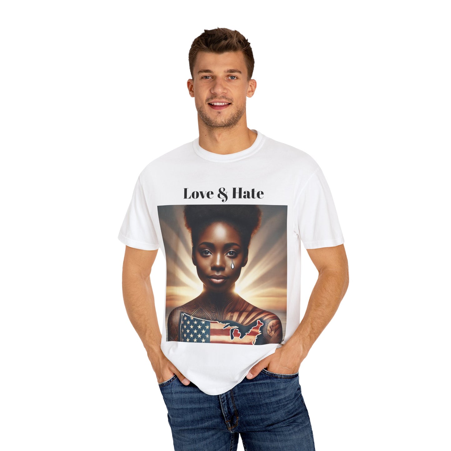 Love & Hate by Olga Foreign Unisex Garment-Dyed T-Shirt - Artistic Graphic Tee for Self-Expression