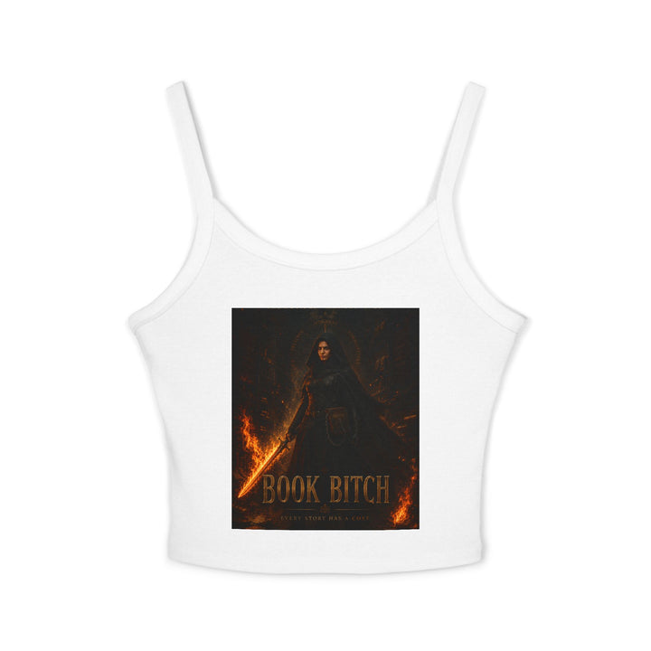 White tank top with a graphic design and text on a white background