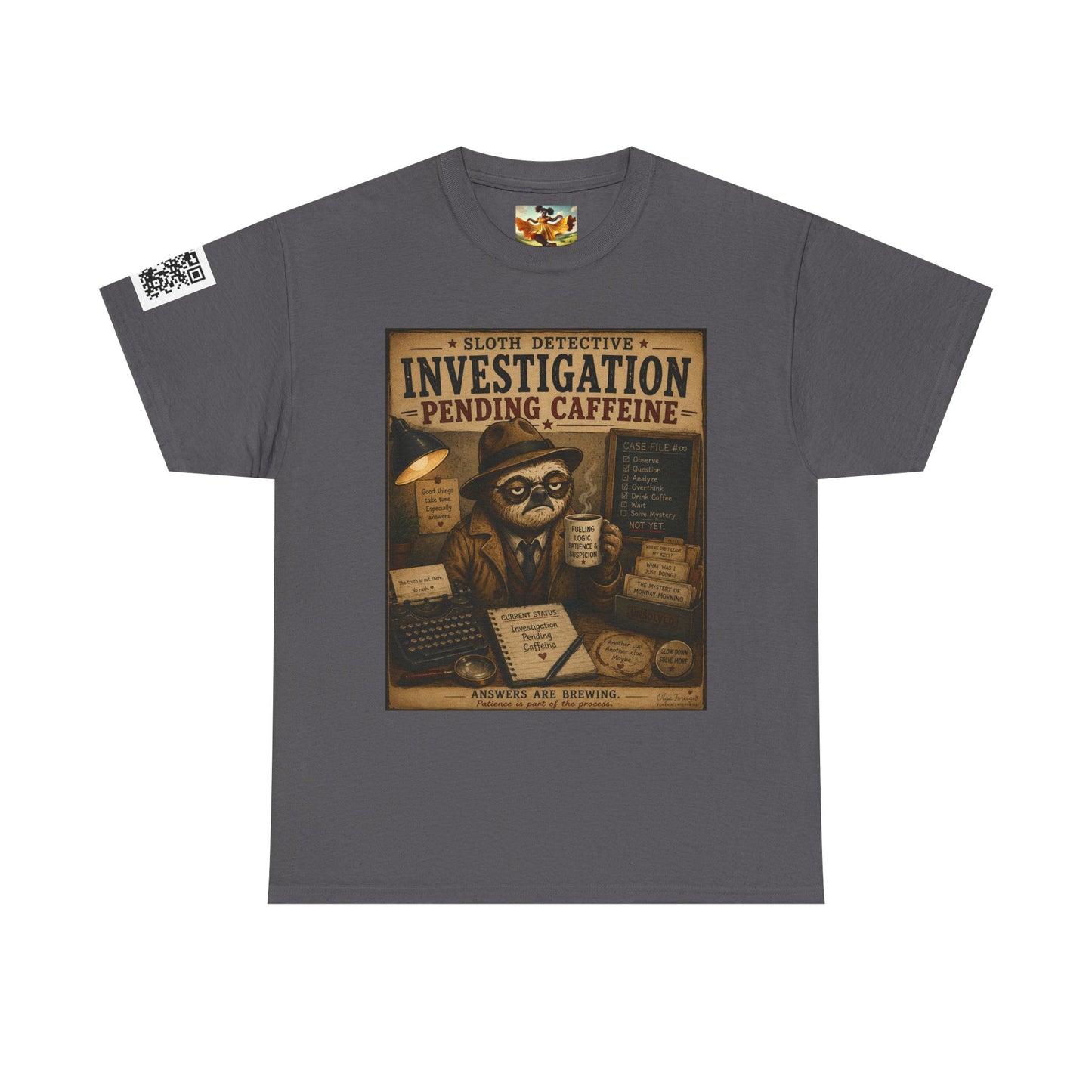 Investigation Pending Caffeine T‑Shirt — Sloth Detective Vintage Coffee Tee by Olga Foreign