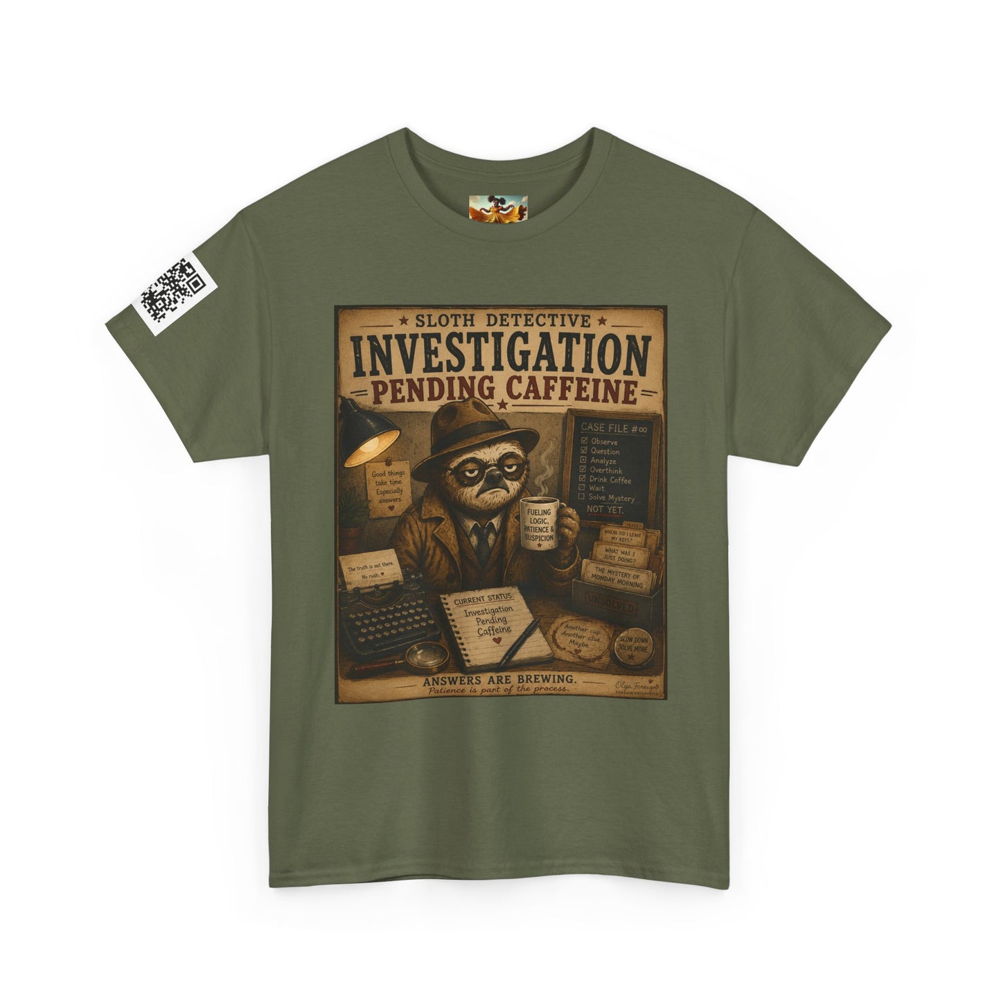Investigation Pending Caffeine T‑Shirt — Sloth Detective Vintage Coffee Tee by Olga Foreign