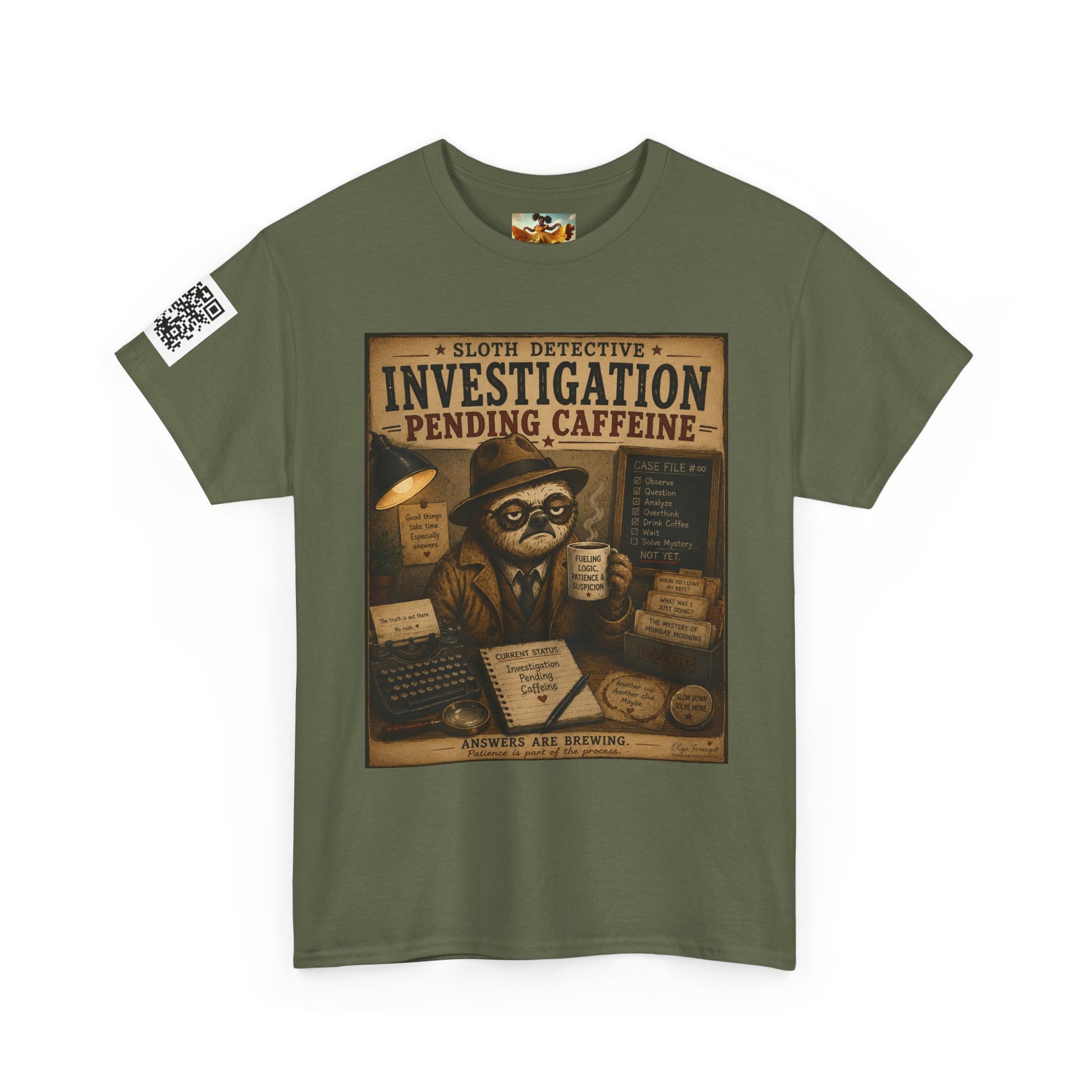 Investigation Pending Caffeine T‑Shirt — Sloth Detective Vintage Coffee Tee by Olga Foreign