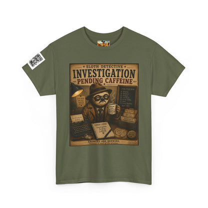 Investigation Pending Caffeine T‑Shirt — Sloth Detective Vintage Coffee Tee by Olga Foreign