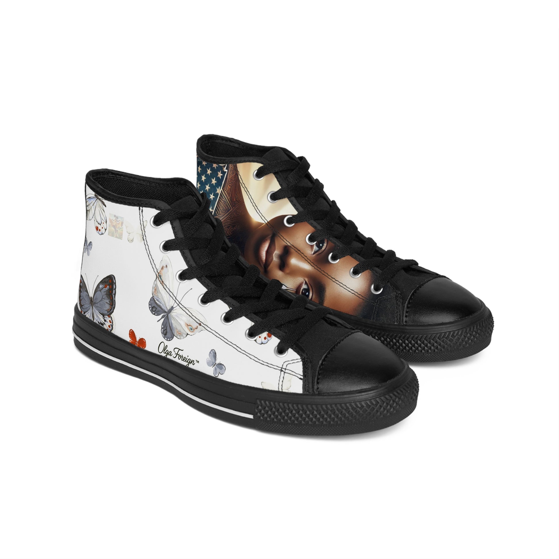 "Silence Walking" Butterfly Print High-Top Sneakers, by Olga Foreign, Artistic Sneakers for Spring Fashion, Unique Gift for Her, Trendy Casual Footwear