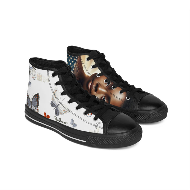 "Silence Walking" Butterfly Print High-Top Sneakers, by Olga Foreign, Artistic Sneakers for Spring Fashion, Unique Gift for Her, Trendy Casual Footwear