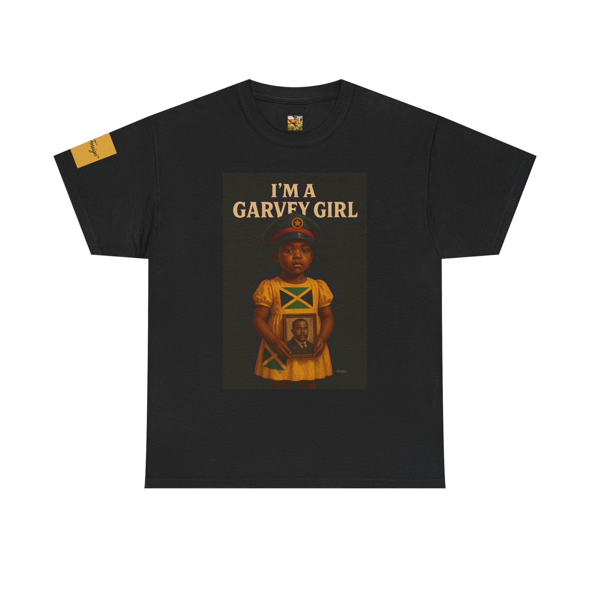 Black t-shirt with 'I'm a Garvey Girl' graphic design on a white background