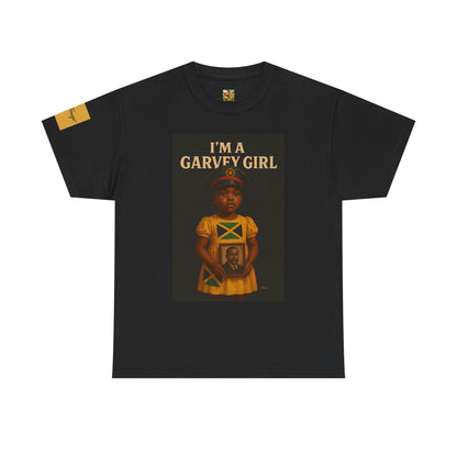 Black t-shirt with 'I'm a Garvey Girl' graphic design on a white background