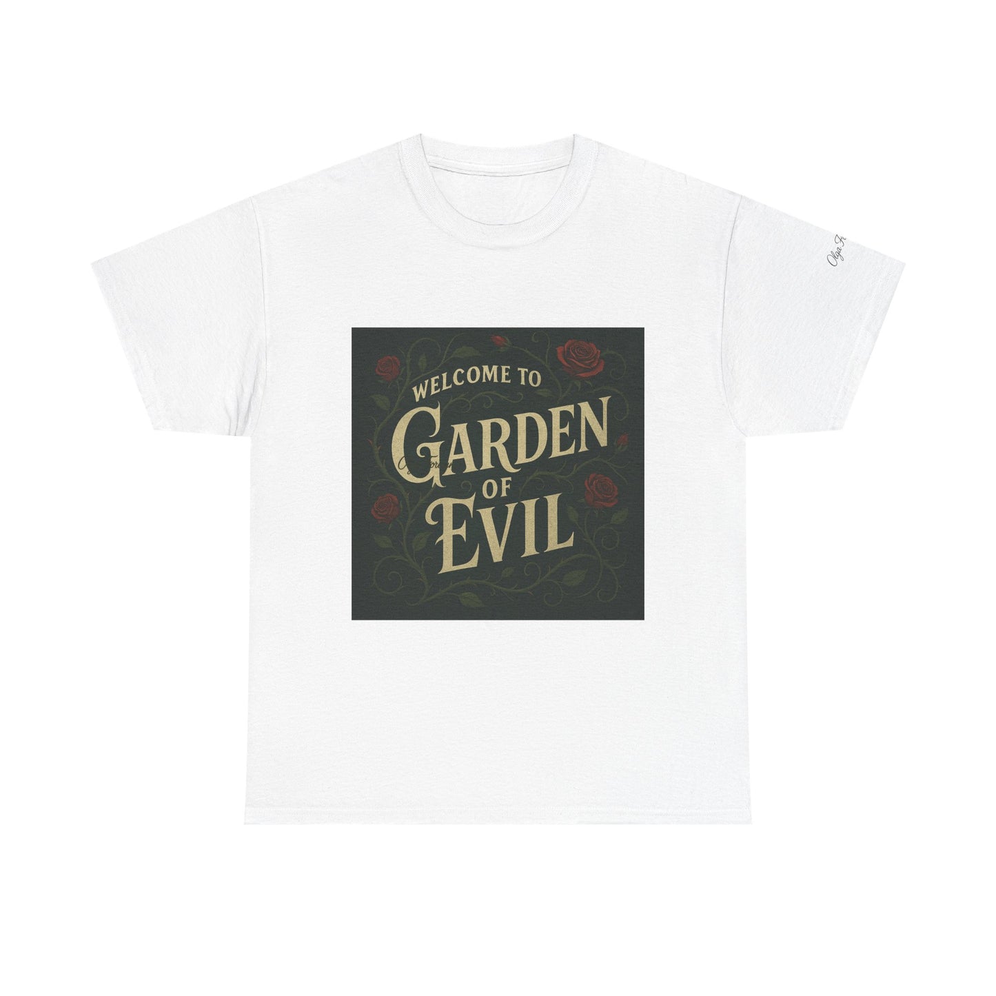 White t-shirt with 'Welcome to Garden of Evil' graphic on a white background