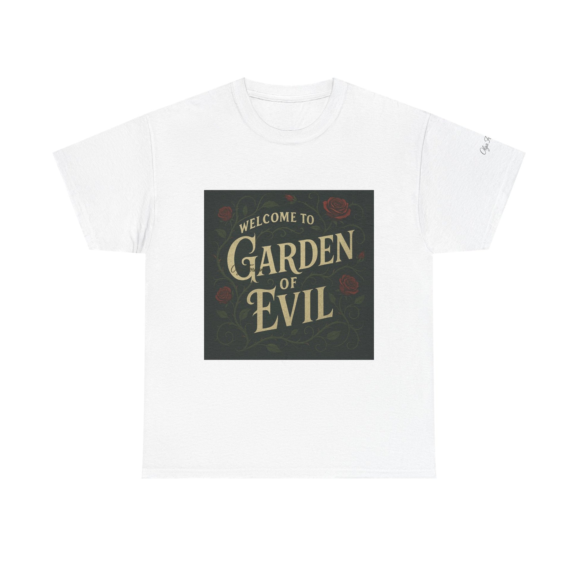 White t-shirt with 'Welcome to Garden of Evil' graphic on a white background