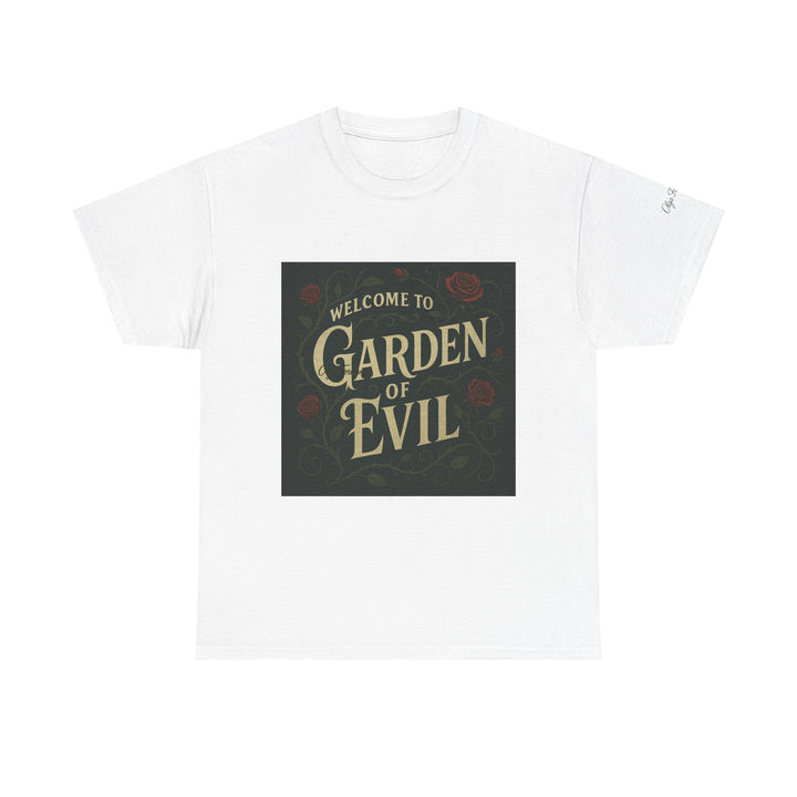 White t-shirt with 'Welcome to Garden of Evil' graphic on a white background
