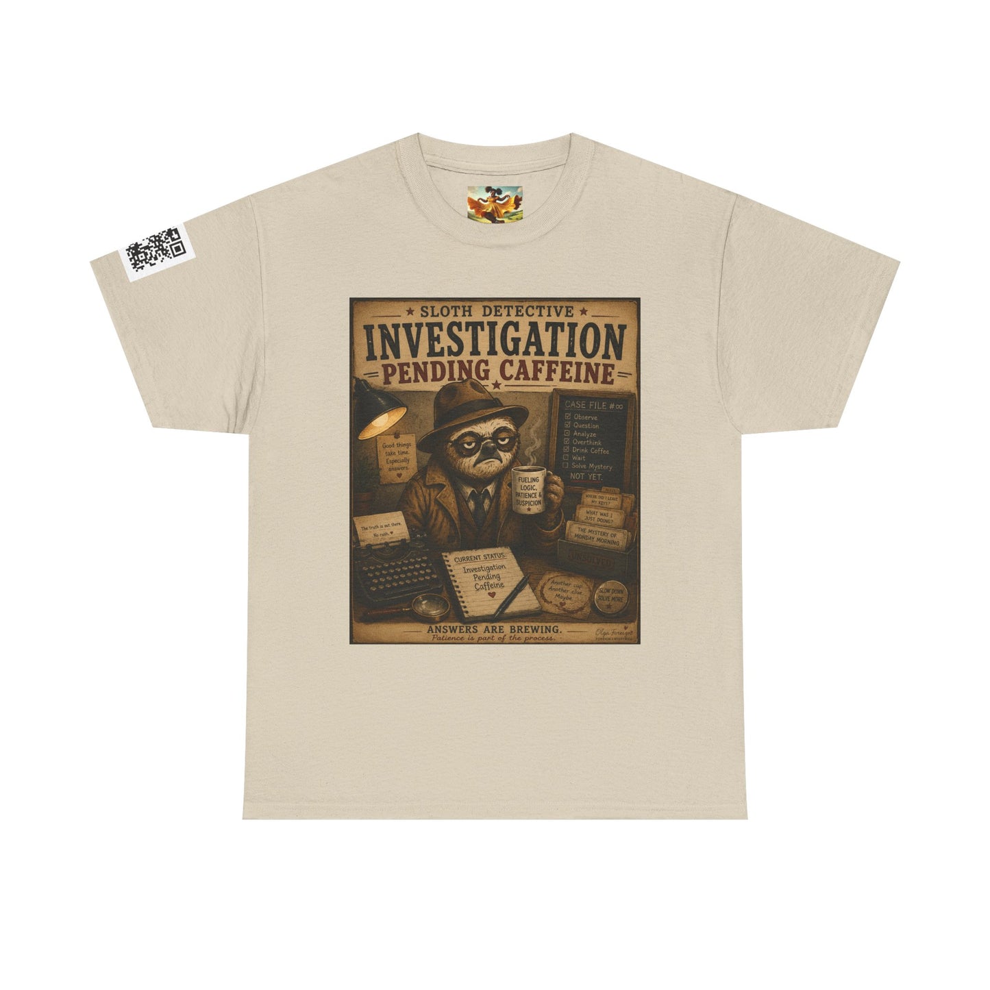 Investigation Pending Caffeine T‑Shirt — Sloth Detective Vintage Coffee Tee by Olga Foreign