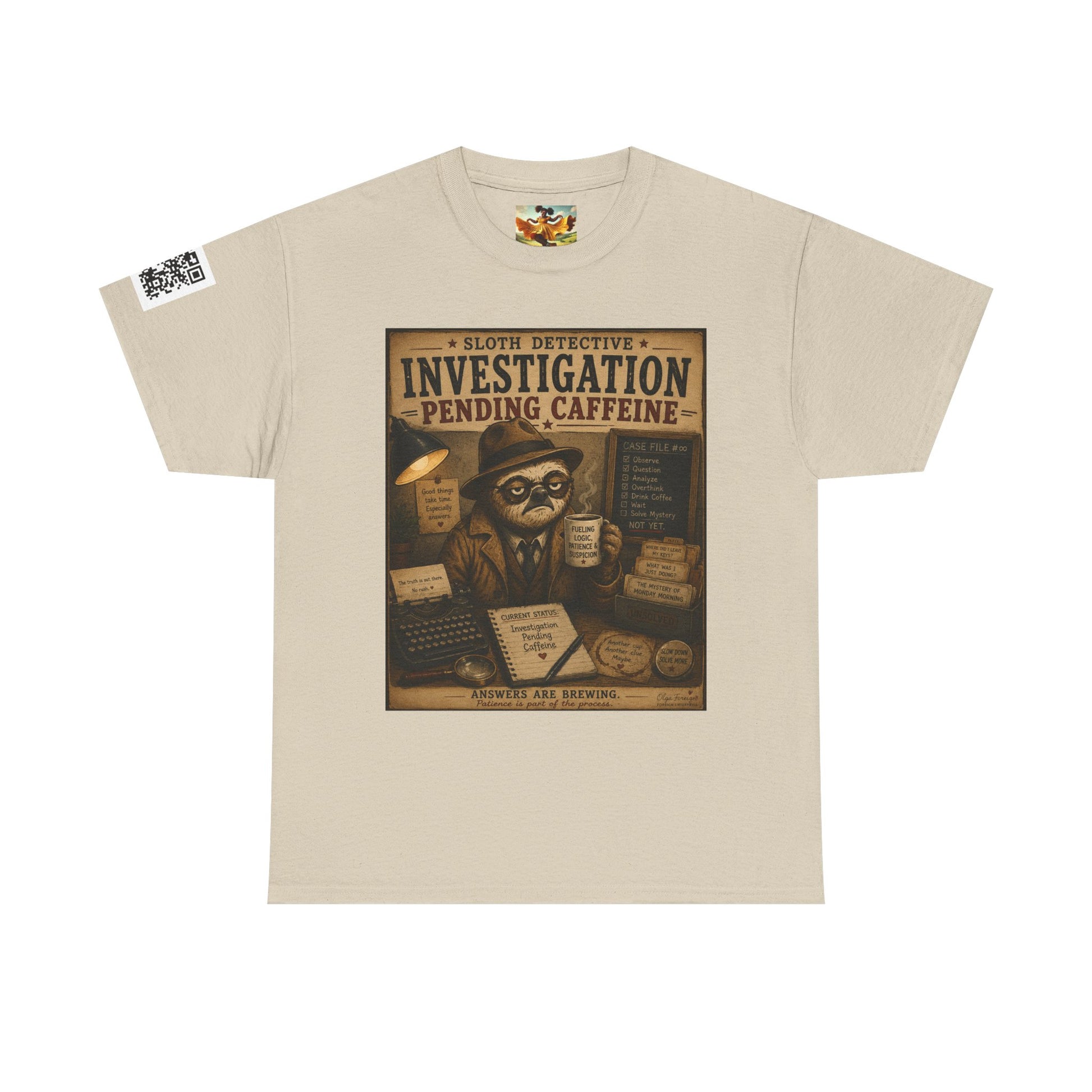 Investigation Pending Caffeine T‑Shirt — Sloth Detective Vintage Coffee Tee by Olga Foreign