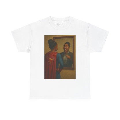 White t-shirt with a graphic of a woman in a red and blue outfit looking at a woman in a suit in a mirror.