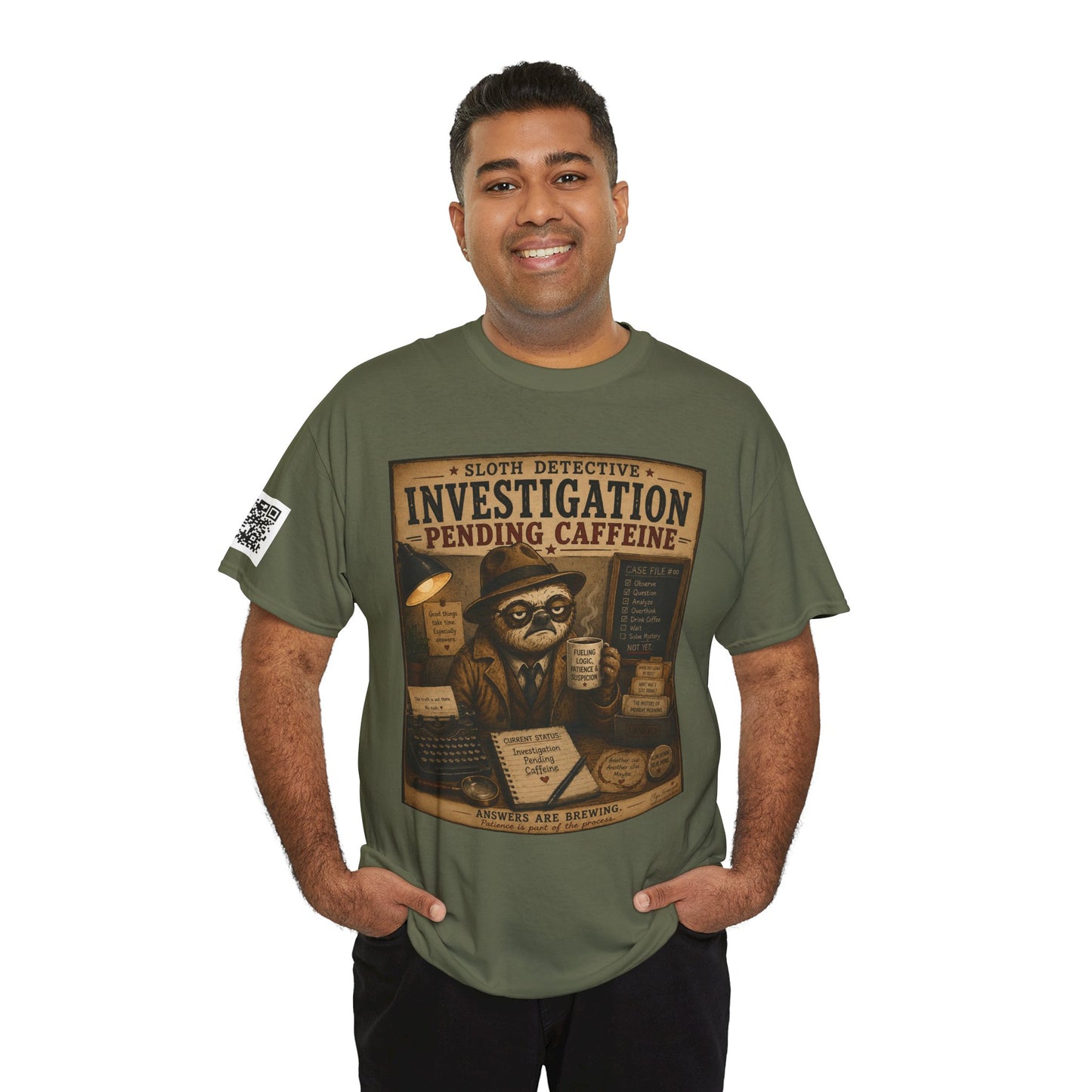 Investigation Pending Caffeine T‑Shirt — Sloth Detective Vintage Coffee Tee by Olga Foreign