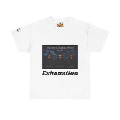 White t-shirt with graphic design of Classic Three Monkeys being exhausted and text on a white background