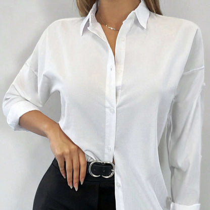 Ladies' Solid Color Button Versatile Elegant Lapel Long Sleeved Shirt Top