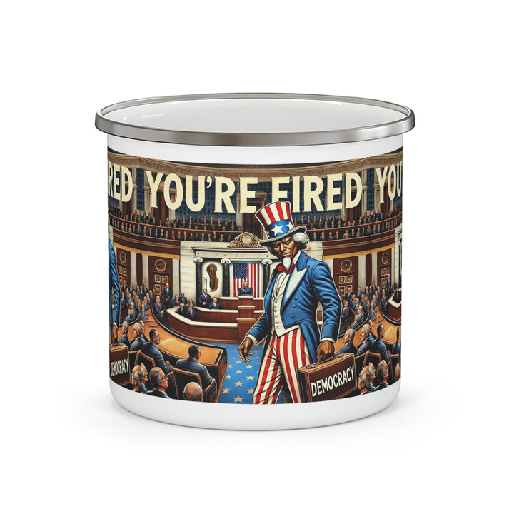 Mug with political design featuring text and a scene of a politician in a capitol building.