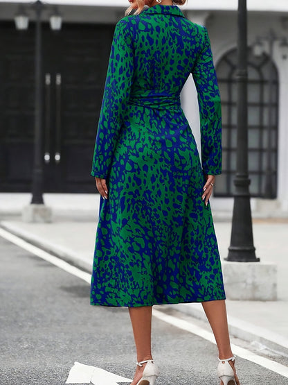 Women's Long-Sleeved All-Over Leopard Print Belted Shirt Dress - Casual Maxi Dress