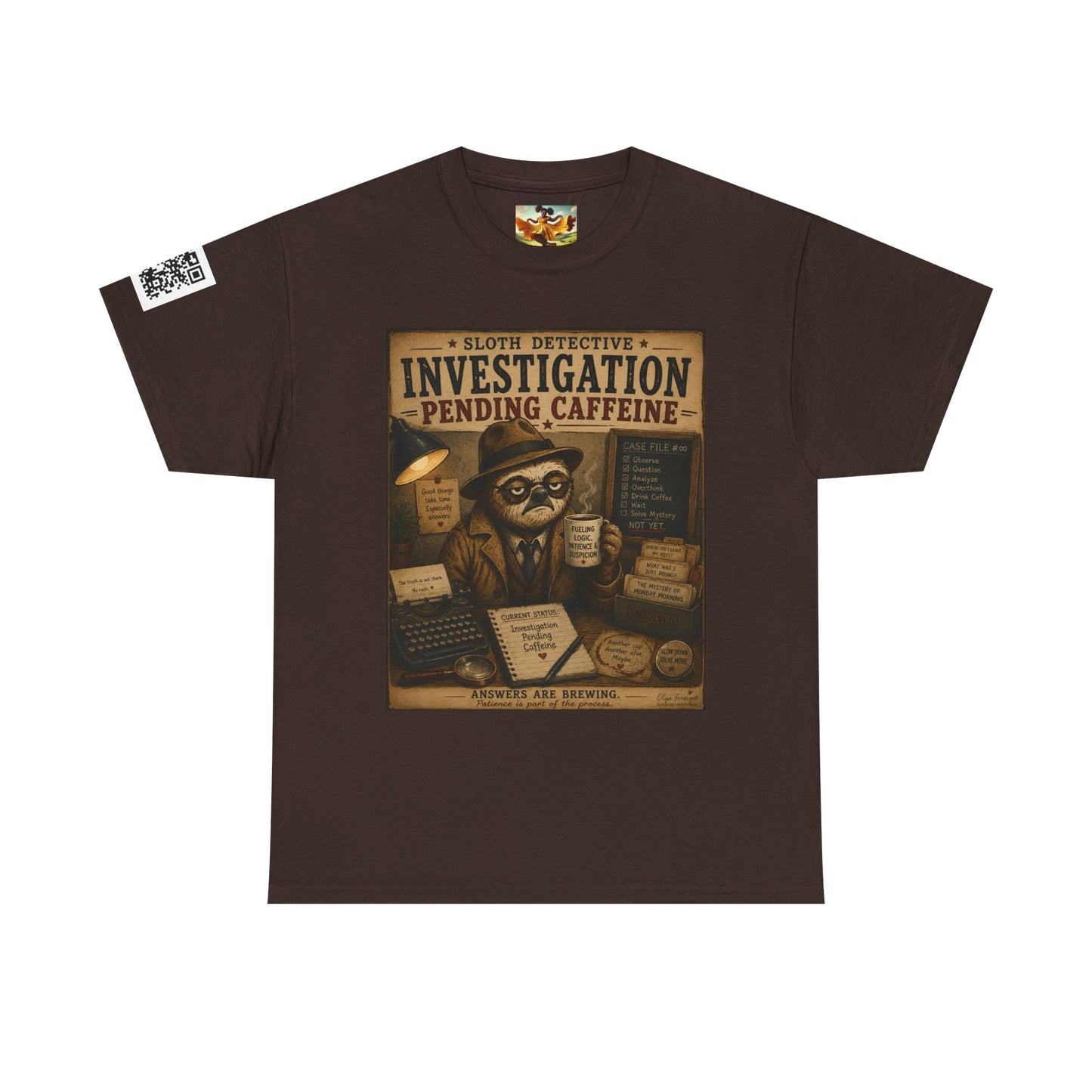 Investigation Pending Caffeine T‑Shirt — Sloth Detective Vintage Coffee Tee by Olga Foreign
