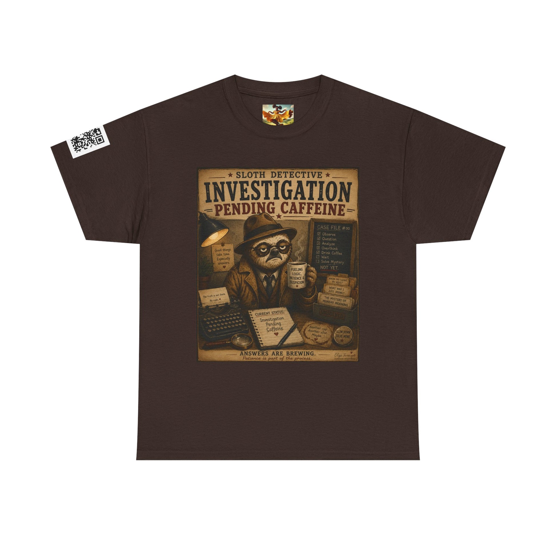 Investigation Pending Caffeine T‑Shirt — Sloth Detective Vintage Coffee Tee by Olga Foreign