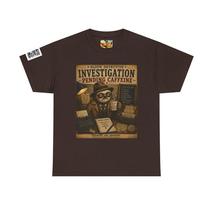 Investigation Pending Caffeine T‑Shirt — Sloth Detective Vintage Coffee Tee by Olga Foreign