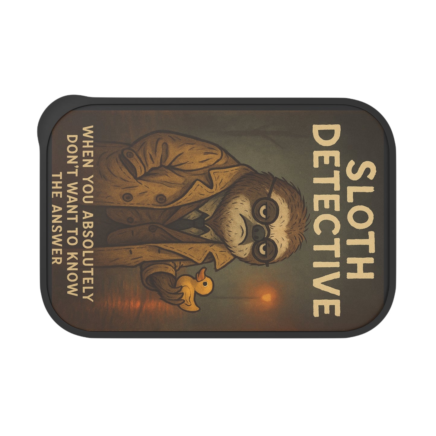 Sloth detective design on a rectangular lunch box brown background with text.