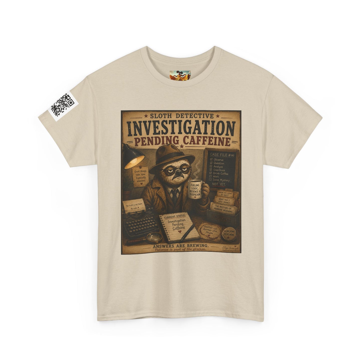 Investigation Pending Caffeine T‑Shirt — Sloth Detective Vintage Coffee Tee by Olga Foreign