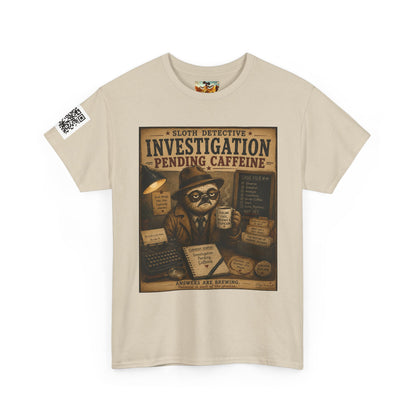 Investigation Pending Caffeine T‑Shirt — Sloth Detective Vintage Coffee Tee by Olga Foreign