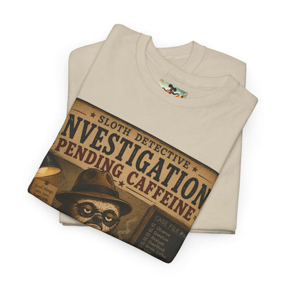 Investigation Pending Caffeine T‑Shirt — Sloth Detective Vintage Coffee Tee by Olga Foreign