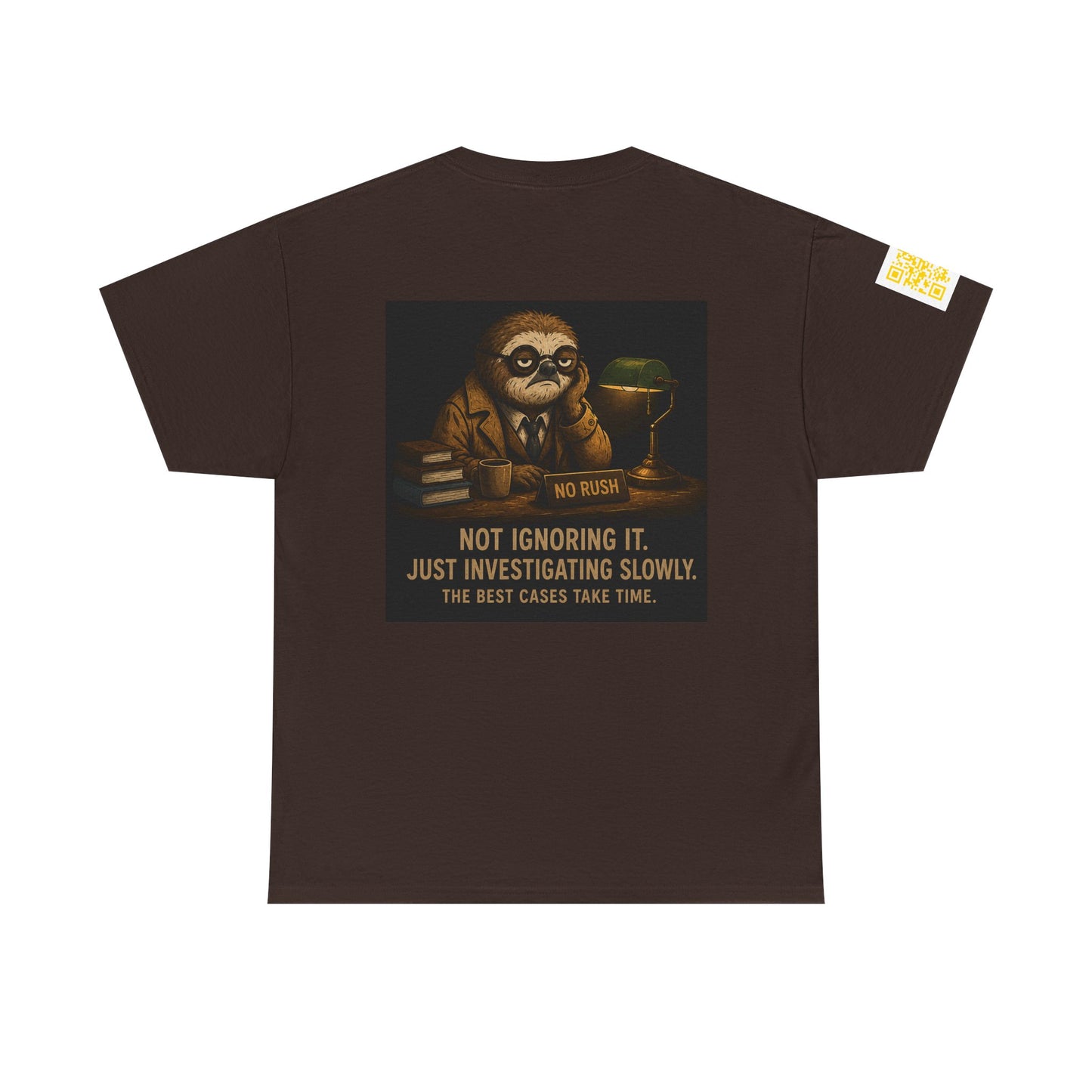 Brown t-shirt with a graphic of The Soth detective slowly investigating and text on a white background