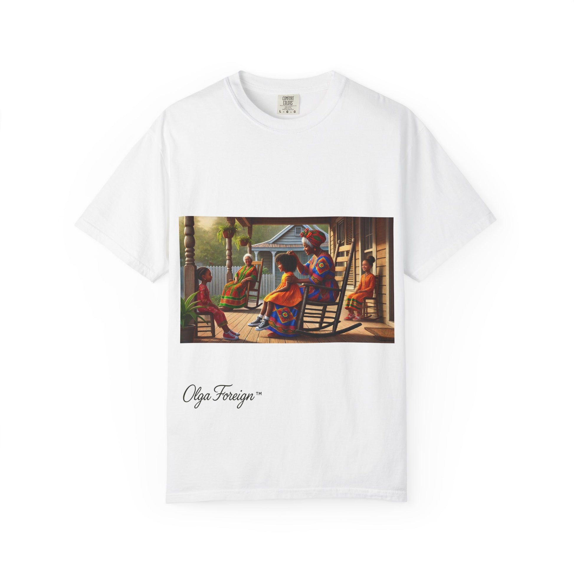 White t-shirt with a graphic of An African American Family on a porch and 'Olga Foreign' branding.