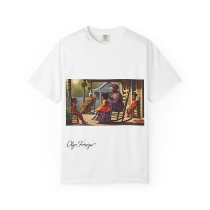 White t-shirt with a graphic of An African American Family on a porch and 'Olga Foreign' branding.