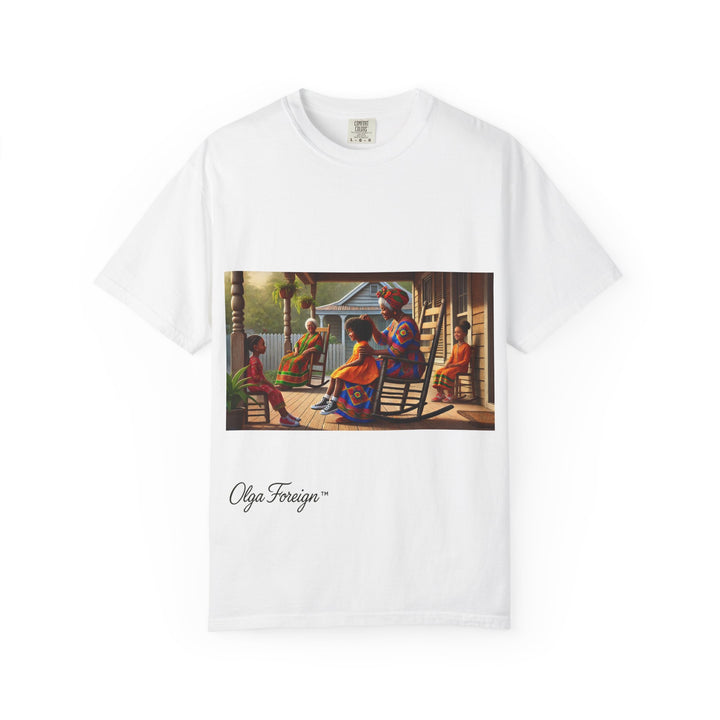 White t-shirt with a graphic of An African American Family on a porch and 'Olga Foreign' branding.