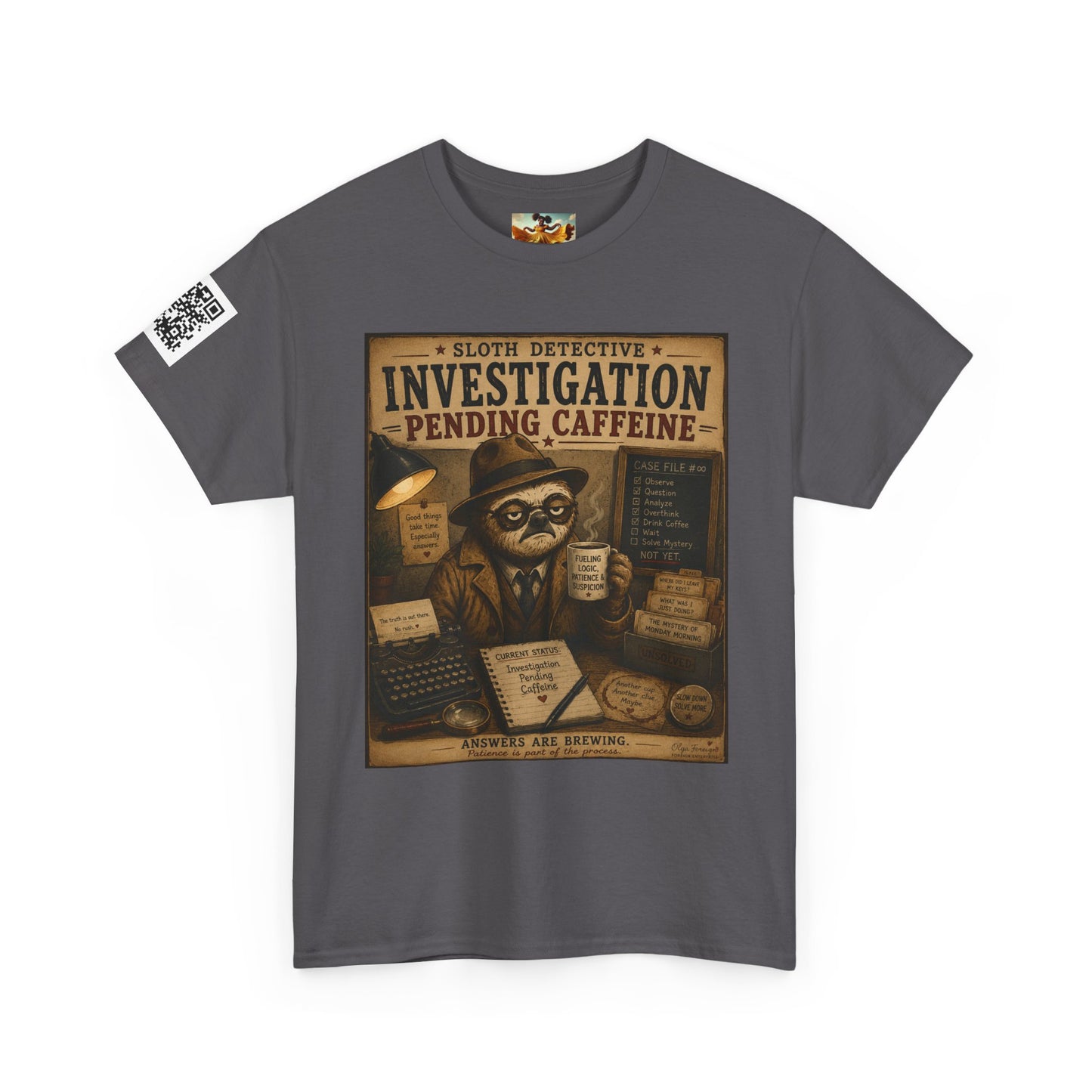 Investigation Pending Caffeine T‑Shirt — Sloth Detective Vintage Coffee Tee by Olga Foreign
