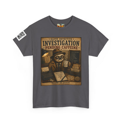 Investigation Pending Caffeine T‑Shirt — Sloth Detective Vintage Coffee Tee by Olga Foreign