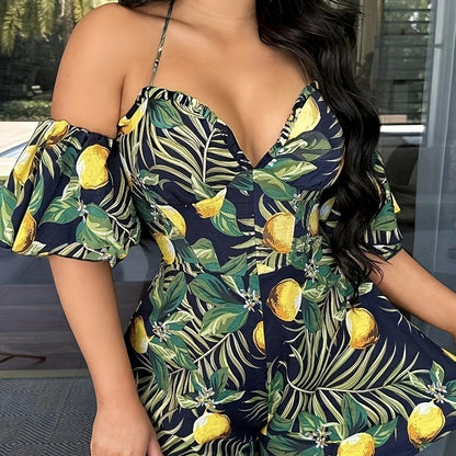 Ladies' Elegant All Inclusive Printed Off Shoulder Short Ruffled Sleeves Sexy V-neck Vacation Sexy Jumpsuit