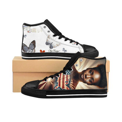 "Silence Walking" Butterfly Print High-Top Sneakers, by Olga Foreign, Artistic Sneakers for Spring Fashion, Unique Gift for Her, Trendy Casual Footwear