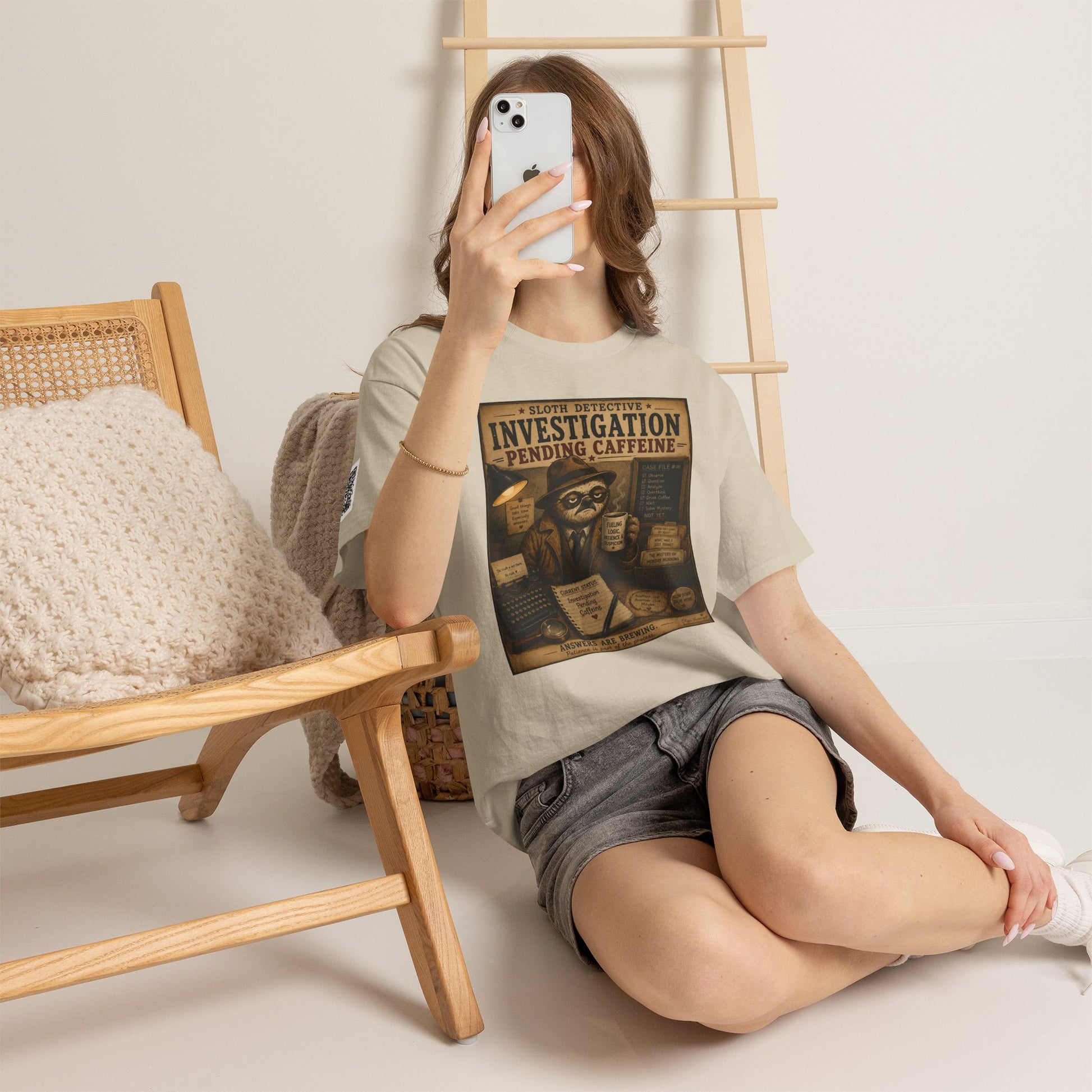 Investigation Pending Caffeine T‑Shirt — Sloth Detective Vintage Coffee Tee by Olga Foreign