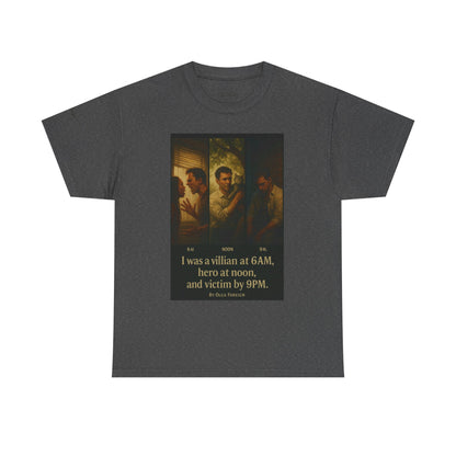 Dark gray t-shirt with graphic design and text on a white background