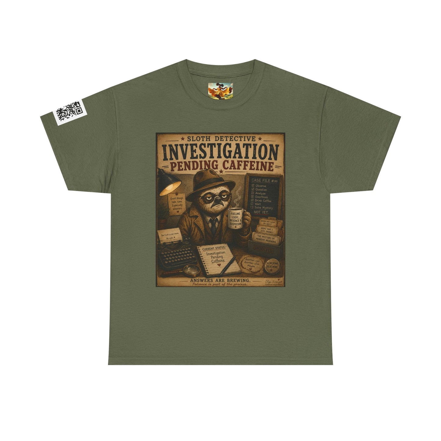 Investigation Pending Caffeine T‑Shirt — Sloth Detective Vintage Coffee Tee by Olga Foreign