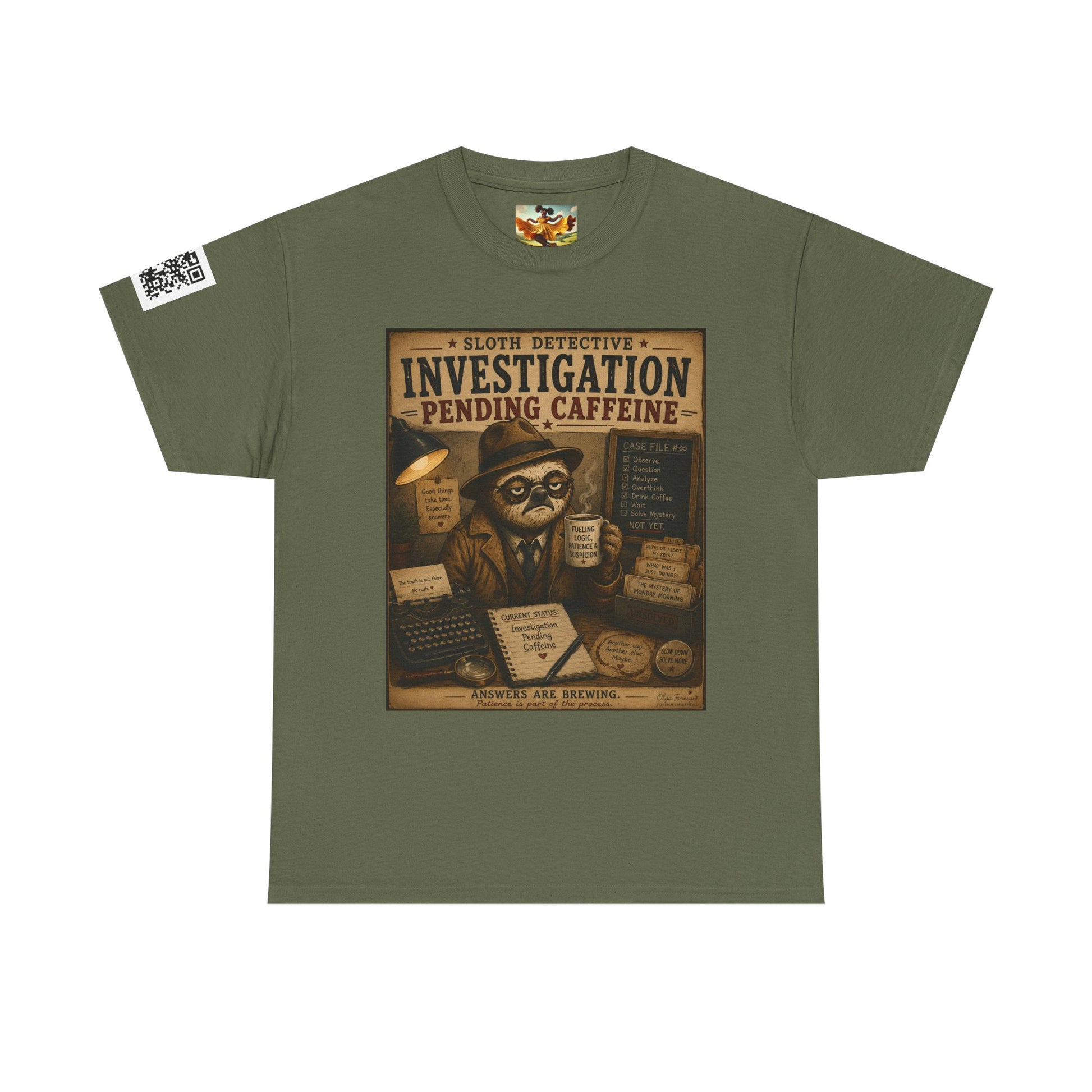 Investigation Pending Caffeine T‑Shirt — Sloth Detective Vintage Coffee Tee by Olga Foreign
