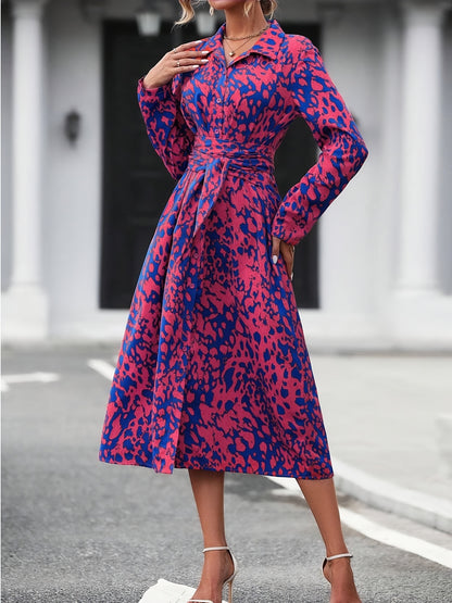 Women's Long-Sleeved All-Over Leopard Print Belted Shirt Dress - Casual Maxi Dress