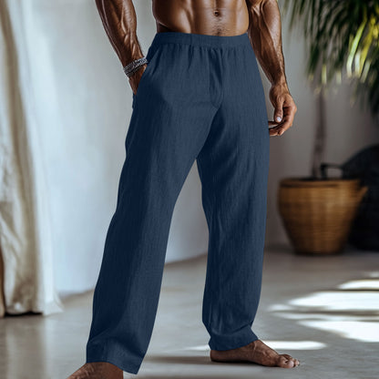 Cotton And Linen Solid Color Casual Trousers With Pockets