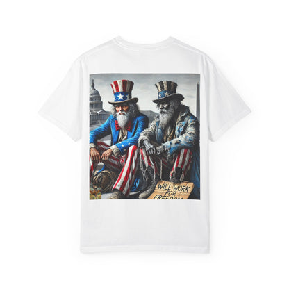 White t-shirt with graphic of two Uncle Sam figures in patriotic attire on a white background