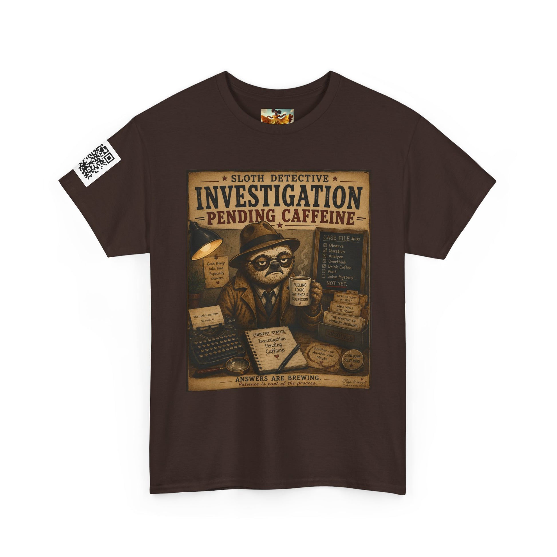 Investigation Pending Caffeine T‑Shirt — Sloth Detective Vintage Coffee Tee by Olga Foreign