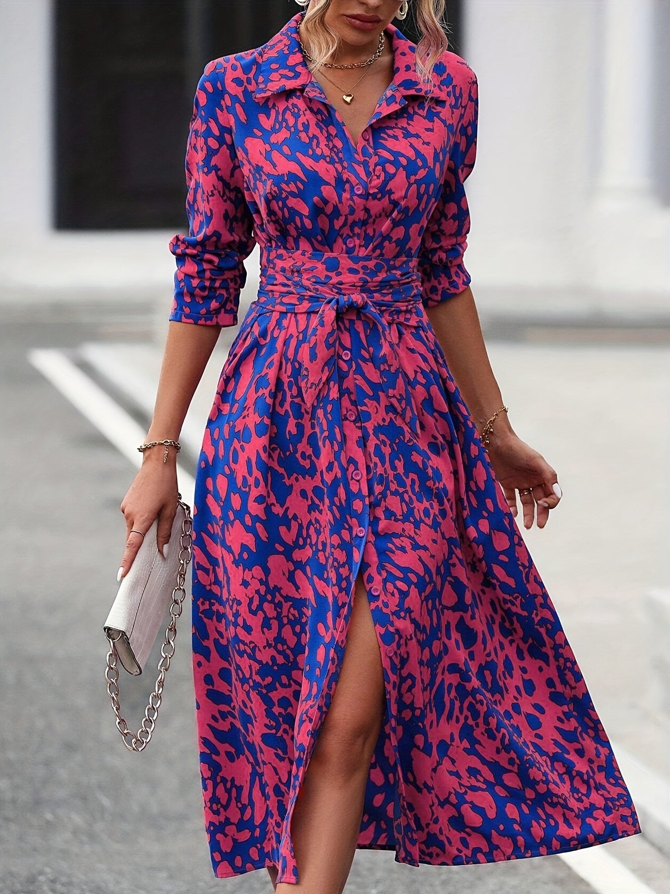 Women's Long-Sleeved All-Over Leopard Print Belted Shirt Dress - Casual Maxi Dress