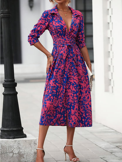 Women's Long-Sleeved All-Over Leopard Print Belted Shirt Dress - Casual Maxi Dress