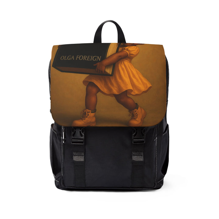 Backpack with artistic design of a child in a yellow dress and boots, carry the book Stolen by Olga Foreign.